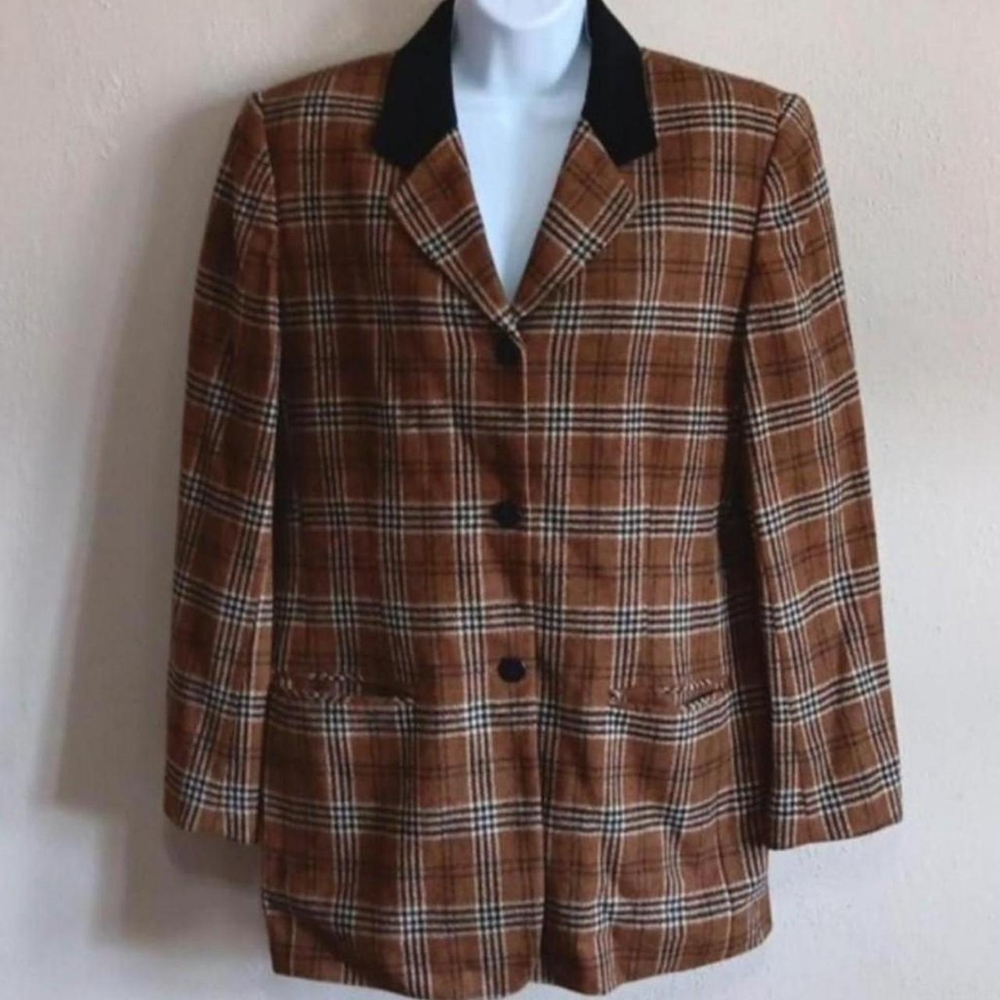 Cottagecore 100% Lambswool Plaid Jacket Vintage Button Coat Black Brown Academia - Picture 8 of 8